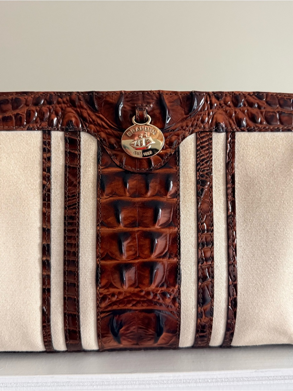 Brahmin Brown Croc-Trim Canvas crossbody